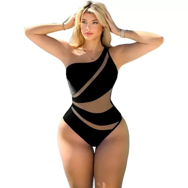 WDIRARA Women's Colorblock Cut Out One Piece Swimsuit Mesh One Shoulder Bathing Suit
