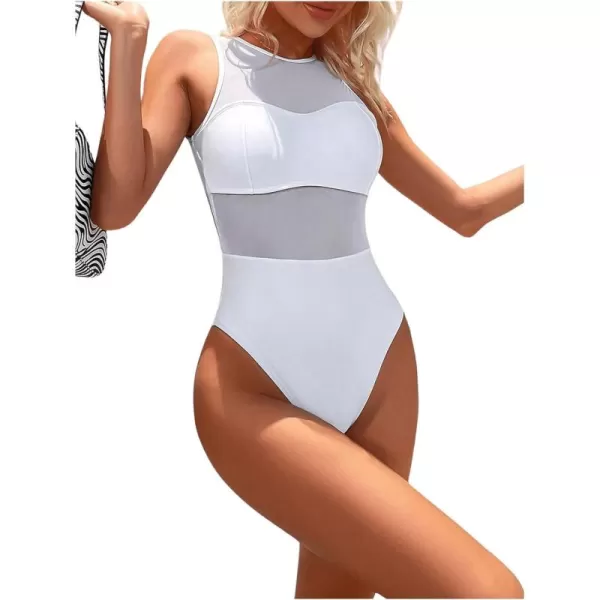 WDIRARA Women's Contrast Mesh See Through One Piece Swimsuit Solid Cut Out Scoop Neck Swimwear Bathing Suit