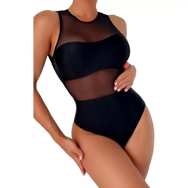 WDIRARA Women's Contrast Mesh See Through One Piece Swimsuit Solid Cut Out Scoop Neck Swimwear Bathing Suit