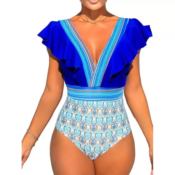 WDIRARA Women's One-Piece Tribal Print Ruffle Hem Bikini Swimwear Plunge V Neck Cap Sleeve Backless Swimsuit