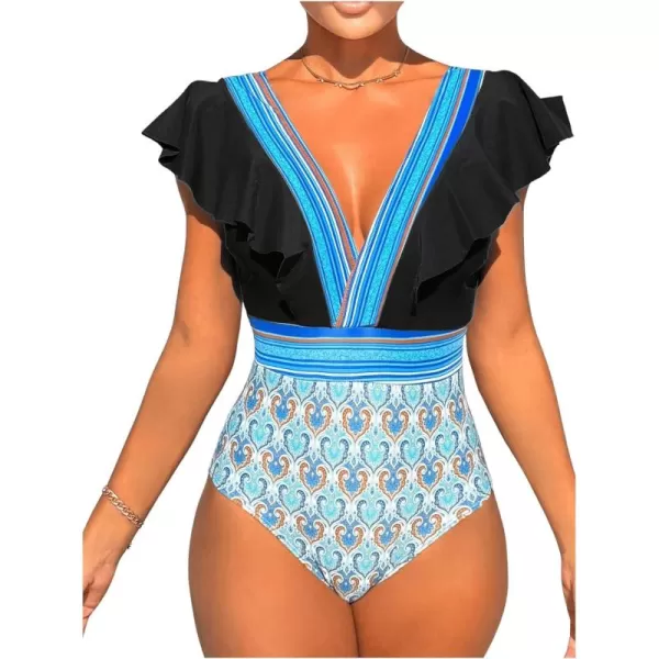 WDIRARA Women's One-Piece Tribal Print Ruffle Hem Bikini Swimwear Plunge V Neck Cap Sleeve Backless Swimsuit