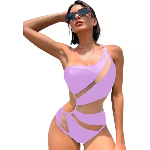 WDIRARA Women's One Shoulder Cut Out Mesh Contrast Sexy One Piece Swimsuit Bikini