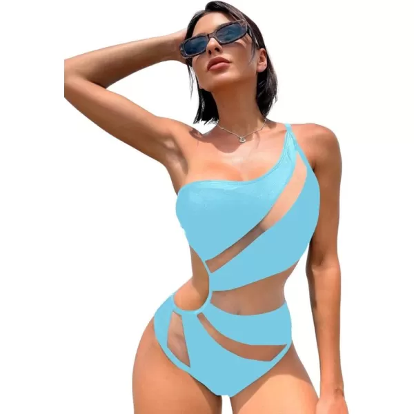WDIRARA Women's One Shoulder Cut Out Mesh Contrast Sexy One Piece Swimsuit Bikini