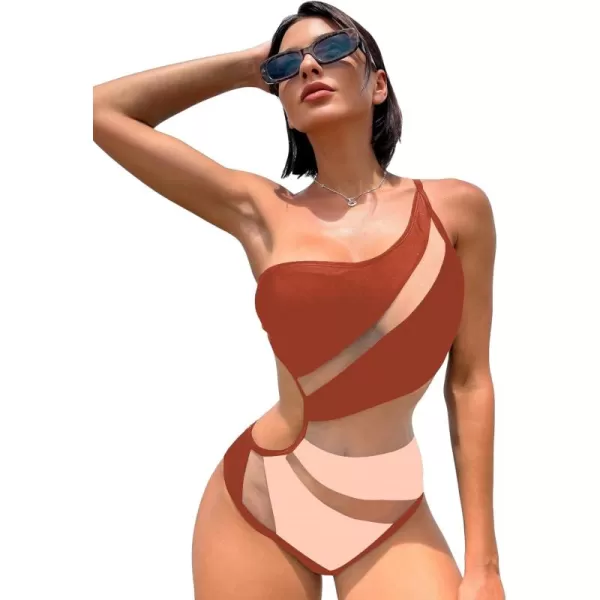 WDIRARA Women's One Shoulder Cut Out Mesh Contrast Sexy One Piece Swimsuit Bikini