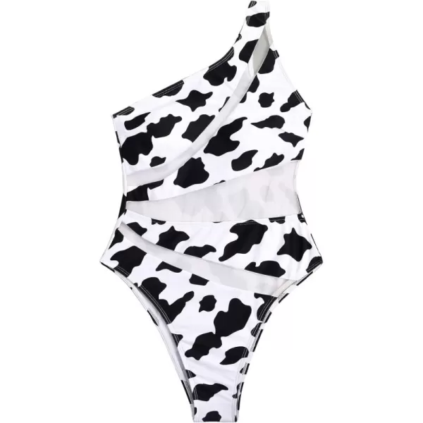 WDIRARA Women's One Shoulder Cut Out Mesh Contrast Sexy One Piece Swimsuit Bikini