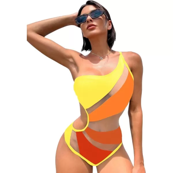 WDIRARA Women's One Shoulder Cut Out Mesh Contrast Sexy One Piece Swimsuit Bikini