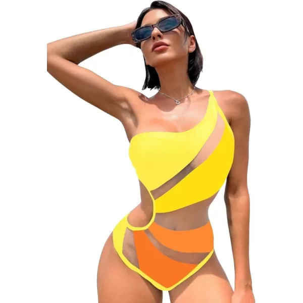 WDIRARA Women's One Shoulder Cut Out Mesh Contrast Sexy One Piece Swimsuit Bikini
