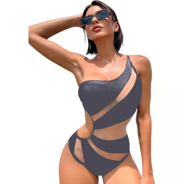 WDIRARA Women's One Shoulder Cut Out Mesh Contrast Sexy One Piece Swimsuit Bikini