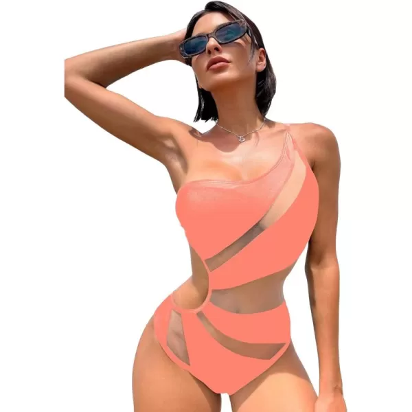 WDIRARA Women's One Shoulder Cut Out Mesh Contrast Sexy One Piece Swimsuit Bikini