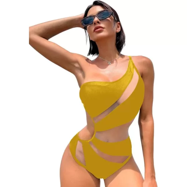 WDIRARA Women's One Shoulder Cut Out Mesh Contrast Sexy One Piece Swimsuit Bikini