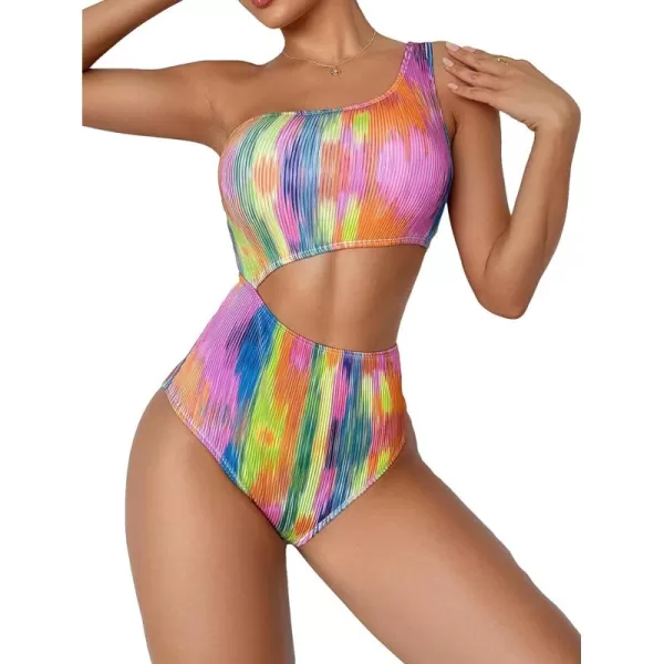 WDIRARA Women's One Shoulder Cut Out Tie Dye Tummy Control Swimsuit Ribbed Monokini Bathing Suits