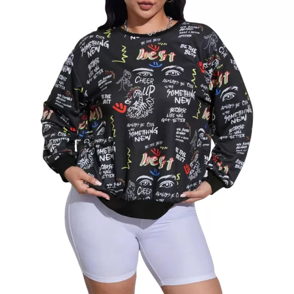 WDIRARA Women's Plus Size Cartoon Graffiti Print Sweatshirt Drop Shoulder Long Sleeve Round Neck Pullover Top