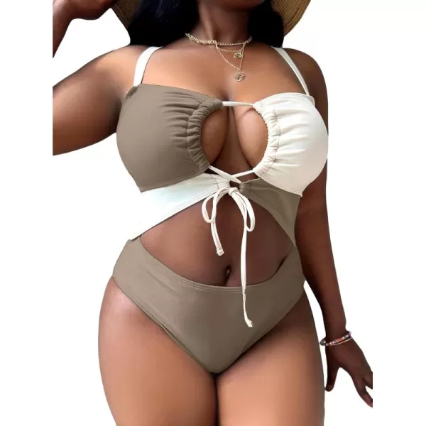 WDIRARA Women's Plus Size Cut Out Color Block Drawstring One Piece Swimsuit Monokini Bathing Suit