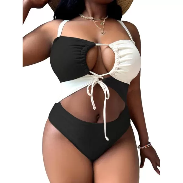 WDIRARA Women's Plus Size Cut Out Color Block Drawstring One Piece Swimsuit Monokini Bathing Suit