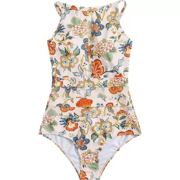 WDIRARA Women's Random Floral Print Swimwear High Neck Sleeveless Onepiece Swimsuit