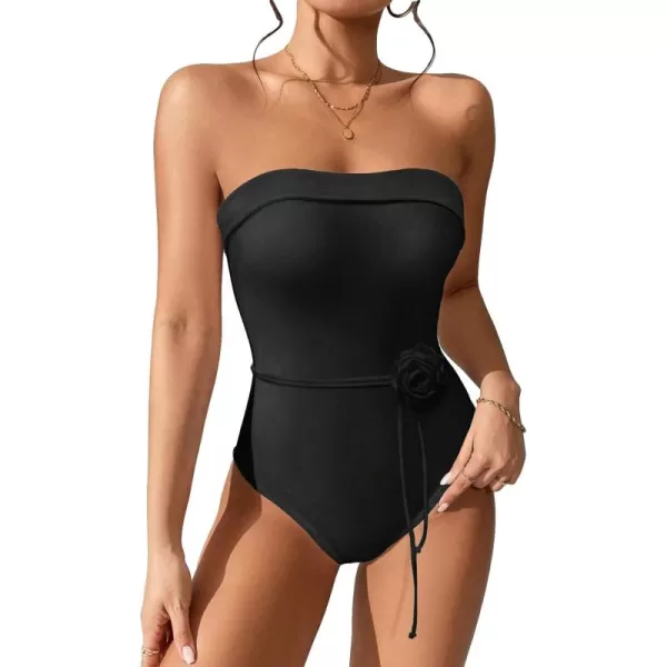 WDIRARA Women's Rose Halter Strapless One Piece Tube Swimsuit Sleeveless Monokini Swimwear