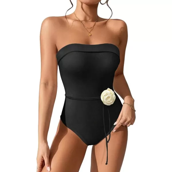WDIRARA Women's Rose Halter Strapless One Piece Tube Swimsuit Sleeveless Monokini Swimwear