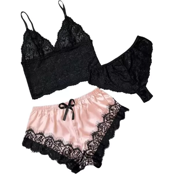 WDIRARA Women's Sleepwear 3 Pieces Floral Lace Scallop Trim Cami Top with Panty and Satin Shorts Lingerie Pajama Set