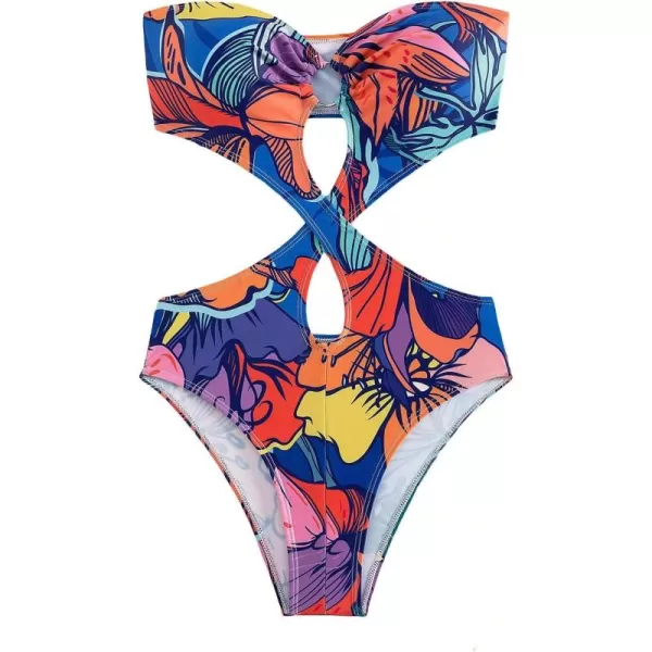 WDIRARA Women's Strapless Cut Out One Piece Swimsuit Tropical Print High Cut Swimsuit