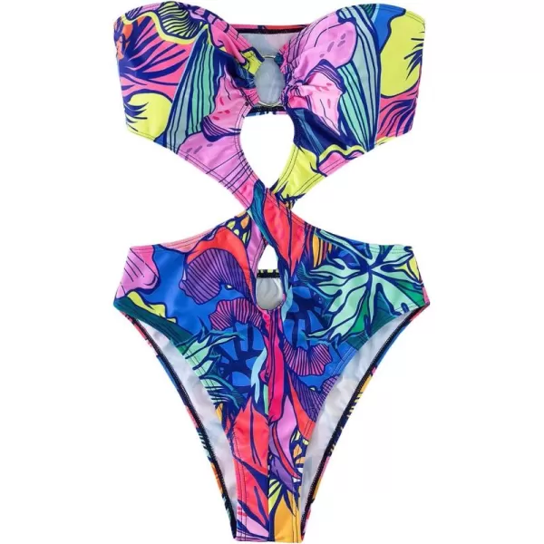 WDIRARA Women's Strapless Cut Out One Piece Swimsuit Tropical Print High Cut Swimsuit
