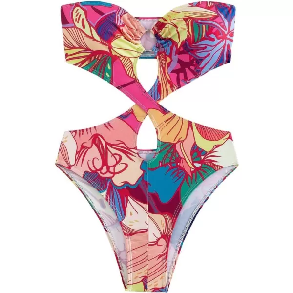 WDIRARA Women's Strapless Cut Out One Piece Swimsuit Tropical Print High Cut Swimsuit