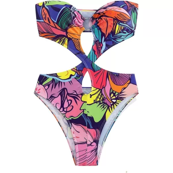 WDIRARA Women's Strapless Cut Out One Piece Swimsuit Tropical Print High Cut Swimsuit
