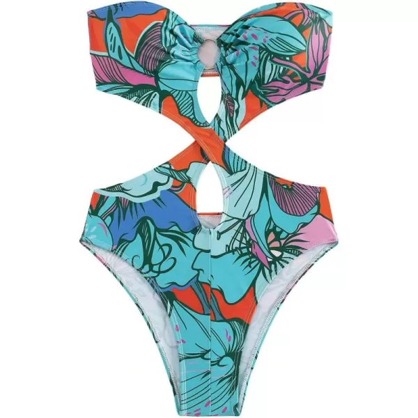 WDIRARA Women's Strapless Cut Out One Piece Swimsuit Tropical Print High Cut Swimsuit