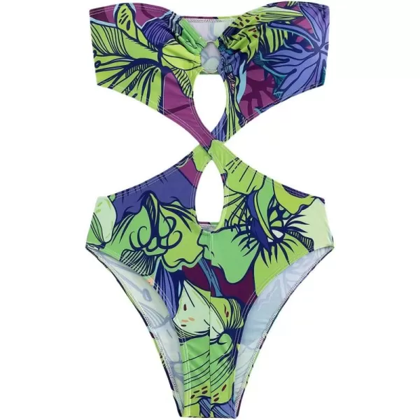 WDIRARA Women's Strapless Cut Out One Piece Swimsuit Tropical Print High Cut Swimsuit