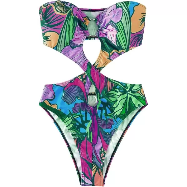 WDIRARA Women's Strapless Cut Out One Piece Swimsuit Tropical Print High Cut Swimsuit