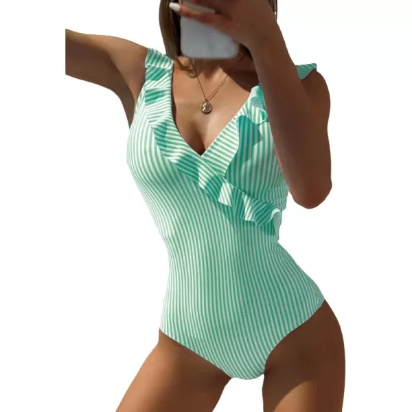 WDIRARA Women's Striped Ruffle One-Piece Swimsuit V Neck Wide Strap Sleeveless Stretchy Bathing Suit