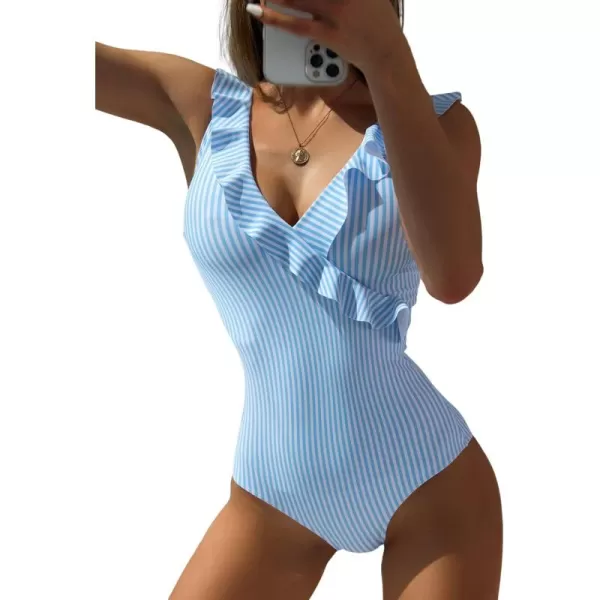 WDIRARA Women's Striped Ruffle One-Piece Swimsuit V Neck Wide Strap Sleeveless Stretchy Bathing Suit