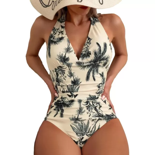 WDIRARA Women's Tropical Print Deep V Neck Backless Ruched Halter One Piece Swimsuit Bathing Suit