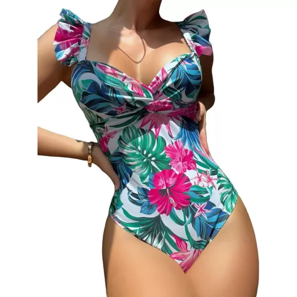 WDIRARA Women's Tropical Print Ruffle Trim Swimwear Twist Front Ruched Onepiece Swimsuit