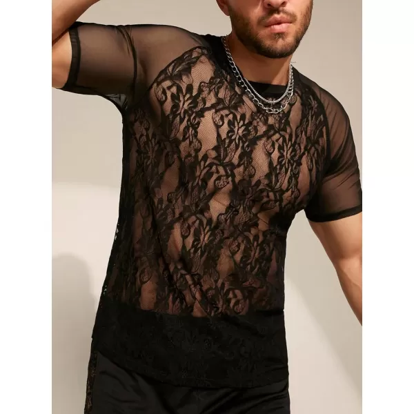 WDIRARA Men's Floral Print See Through Round Neck Short Sleeve Mesh Tshirt Party Top
