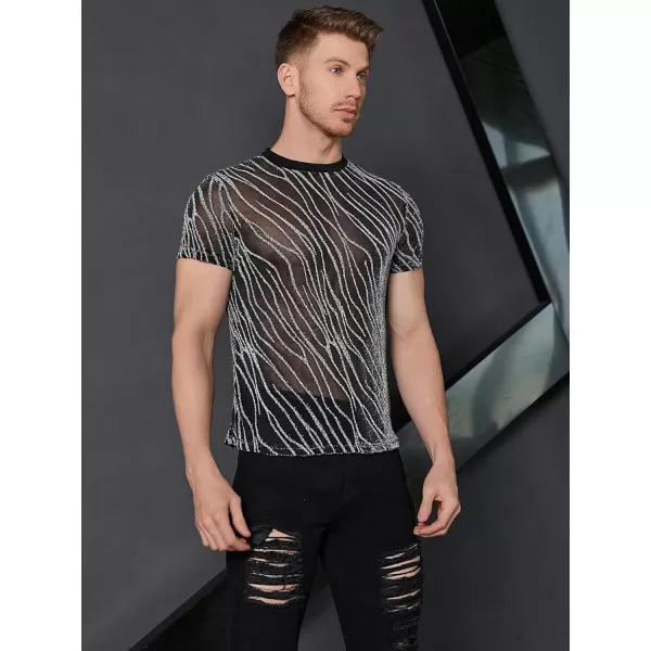 WDIRARA Men's Floral Print See Through Round Neck Short Sleeve Mesh Tshirt Party Top