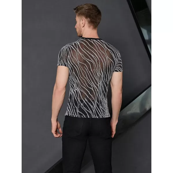 WDIRARA Men's Floral Print See Through Round Neck Short Sleeve Mesh Tshirt Party Top