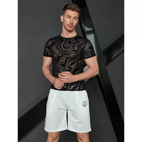 WDIRARA Men's Floral Print See Through Round Neck Short Sleeve Mesh Tshirt Party Top