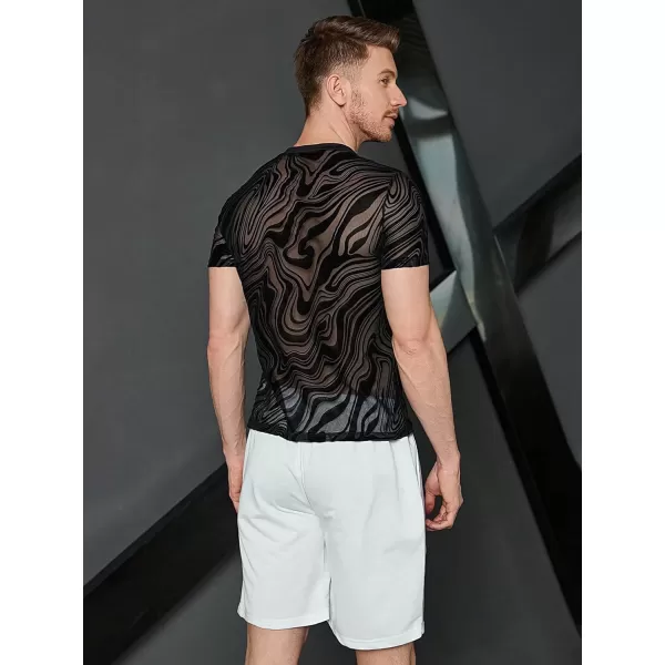 WDIRARA Men's Floral Print See Through Round Neck Short Sleeve Mesh Tshirt Party Top