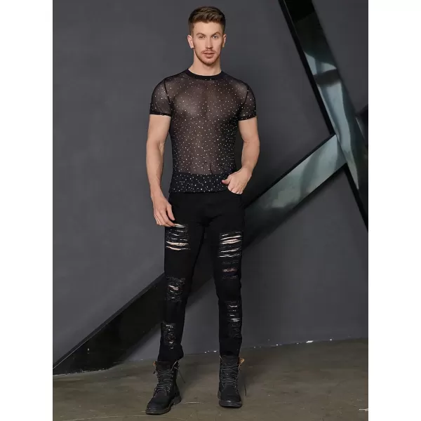 WDIRARA Men's Floral Print See Through Round Neck Short Sleeve Mesh Tshirt Party Top