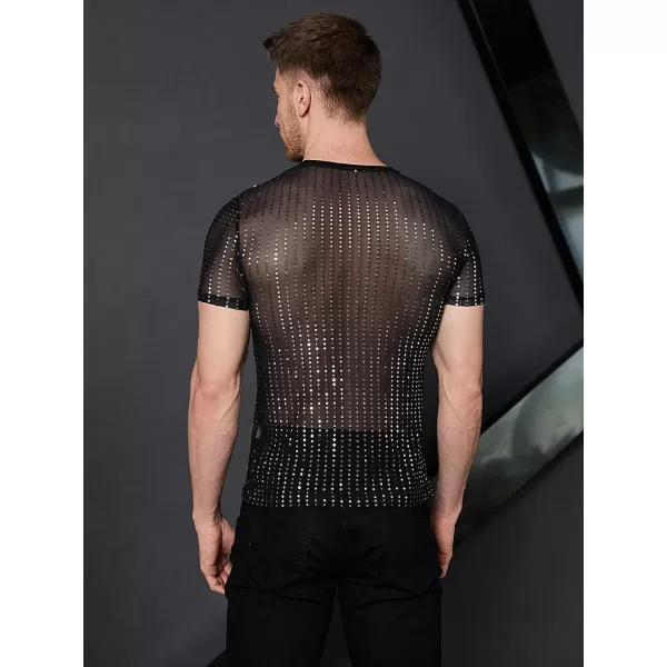 WDIRARA Men's Floral Print See Through Round Neck Short Sleeve Mesh Tshirt Party Top