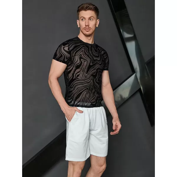 WDIRARA Men's Floral Print See Through Round Neck Short Sleeve Mesh Tshirt Party Top