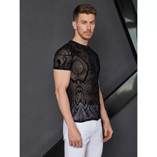 WDIRARA Men's Floral Print See Through Round Neck Short Sleeve Mesh Tshirt Party Top