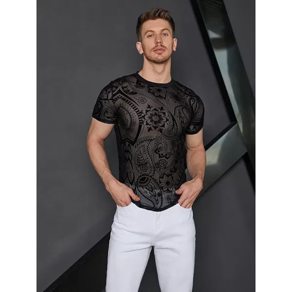 WDIRARA Men's Floral Print See Through Round Neck Short Sleeve Mesh Tshirt Party Top