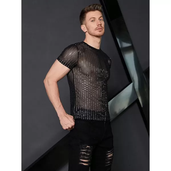 WDIRARA Men's Floral Print See Through Round Neck Short Sleeve Mesh Tshirt Party Top