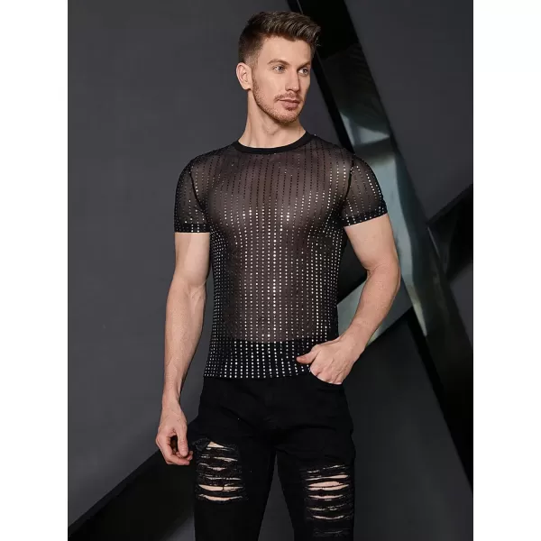 WDIRARA Men's Floral Print See Through Round Neck Short Sleeve Mesh Tshirt Party Top