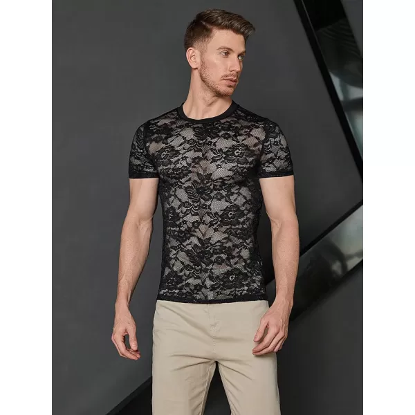 WDIRARA Men's Floral Print See Through Round Neck Short Sleeve Mesh Tshirt Party Top