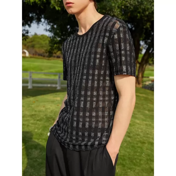 WDIRARA Men's Floral Print See Through Round Neck Short Sleeve Mesh Tshirt Party Top