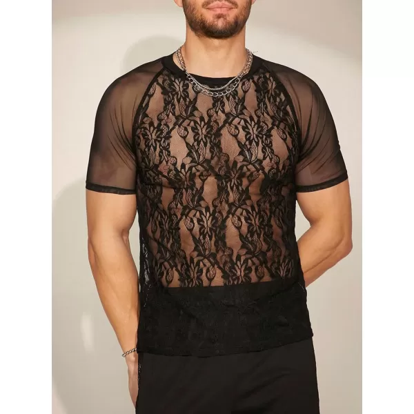 WDIRARA Men's Floral Print See Through Round Neck Short Sleeve Mesh Tshirt Party Top