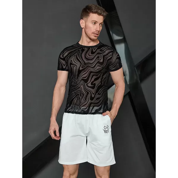 WDIRARA Men's Floral Print See Through Round Neck Short Sleeve Mesh Tshirt Party Top