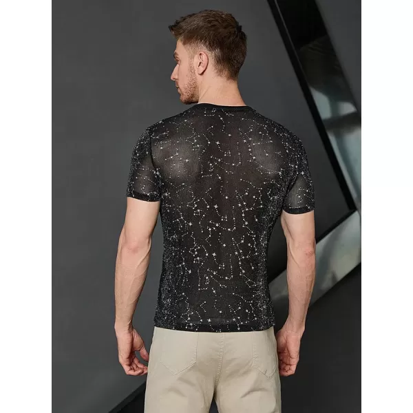 WDIRARA Men's Floral Print See Through Round Neck Short Sleeve Mesh Tshirt Party Top
